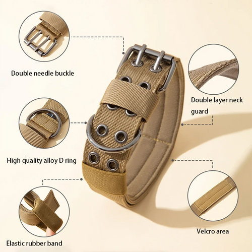 Adjustable Military Dog Collar Metal D-Ring and Buckle Working Dog Collar, Five-Level Adjustment for Medium and Large Dogs